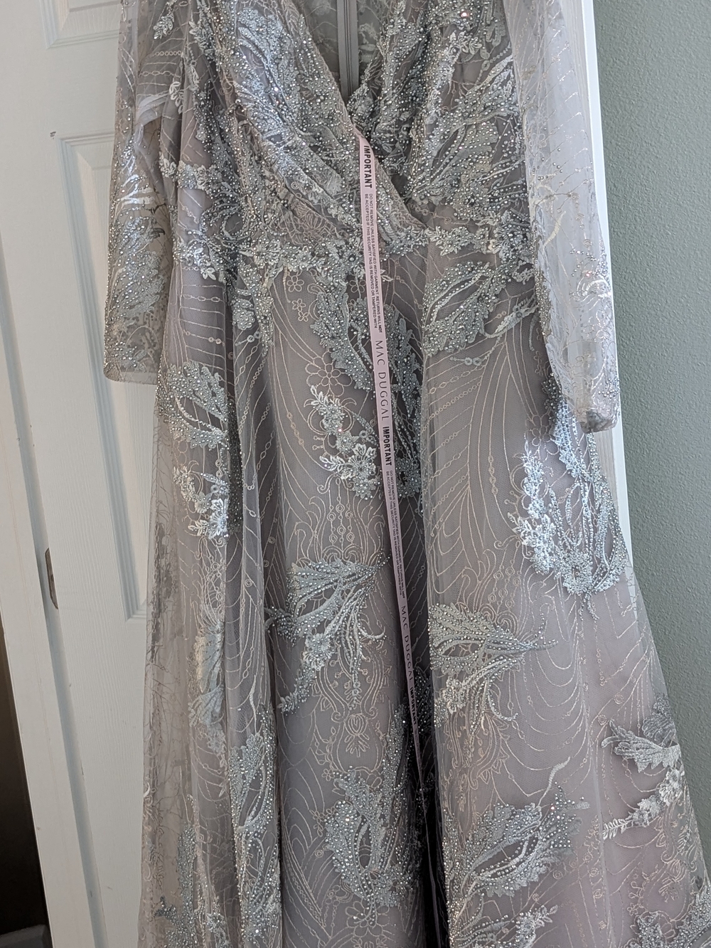Mac Duggal Silver Embellished Illusion Evening Dress - Picture 2 of 5